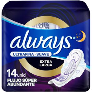 Toalla Higenica Nocturna Ultradelgada Tela Suave Extra Larga Flujo Super Abundante 14 Unidades - Always