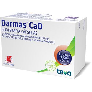 Product image of Darmas CaD Ácido Ibandrónico 150 mg Carbonato de calcio 500mg 30 Cápsulas Vitamina D3 400 U.I - Chile recetario