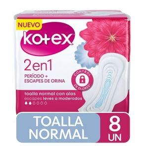 Toalla para Incontinencia Urinaria 2 En 1 Escapes Leves a Moderados 8 unidads - Kotex