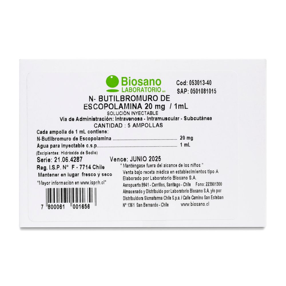 N-Butilbromuro De Escopolamina 20 mg Solucion Inyect 5 Amp