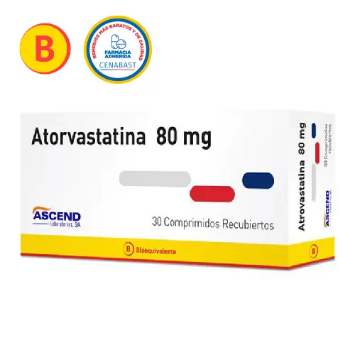 Product image of Atorvastatina de 80mg x 30 Comprimidos Recubiertos (Ascend)  (Cenabast)