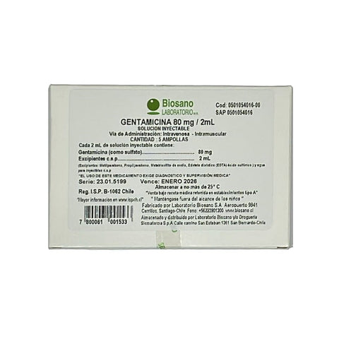 Product image of Gentamicina 80 mg / 2 mL x 5 ampollas