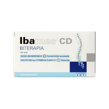 Product image of IBAMES CD BITERAPIA (IBANDRONATO 150MG X 1 COMP.REC+CALCIO/VITD 500/800 X30 CAPS)