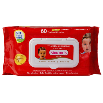 Product image of SIMONDS BABY CARE VITAMINA-E ROJA PLANA TOALLITAS HUMEDAS 60 UNIDADES REPUESTO