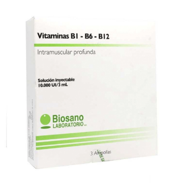 Product image of VITAMINA B1-B6-B12 10000 U.I. SOLUCION INYECTABLE X 3 AMPOLLAS 3 ML [RETAIL]