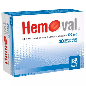 Product image of HEMOVAL 100 MG 40 COMPRIMIDOS MASTICABLES (HIERRO HIDROXIDO POLMALTOSA)