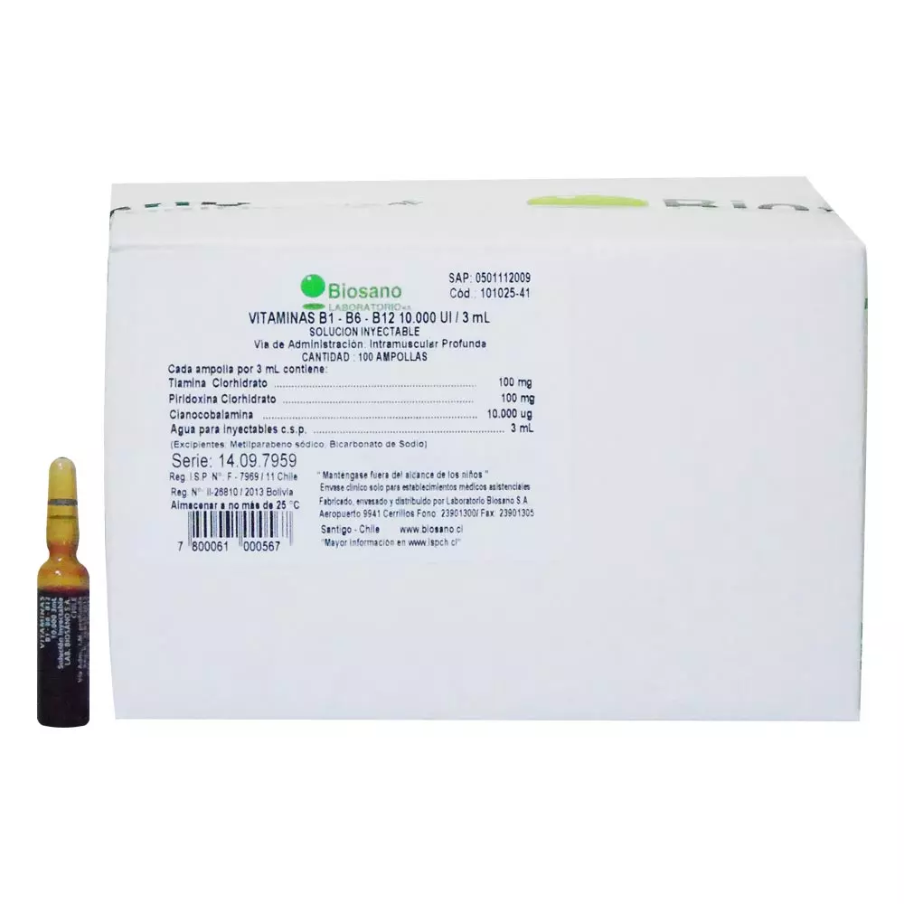 Product image of VITAMINAS B1,B6.B12 10.000 UI. 3 AMP - Biosano