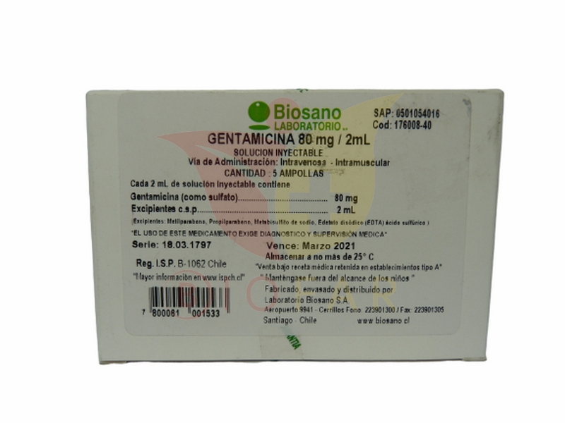 Product image of GENTAMICINA 80 MG. 5 AMP - Biosano